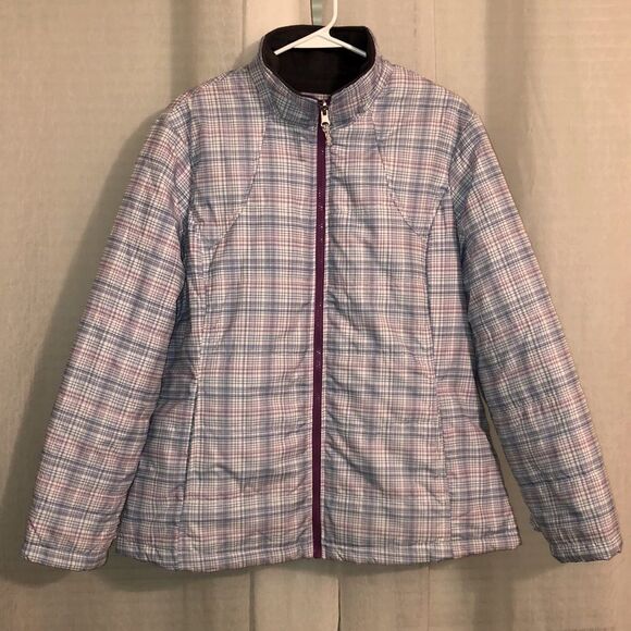 Athletech 1X White Fuchsia Pink Blue Plaid Full Zip Quilted Puffer Jacket - Picture 1 of 16